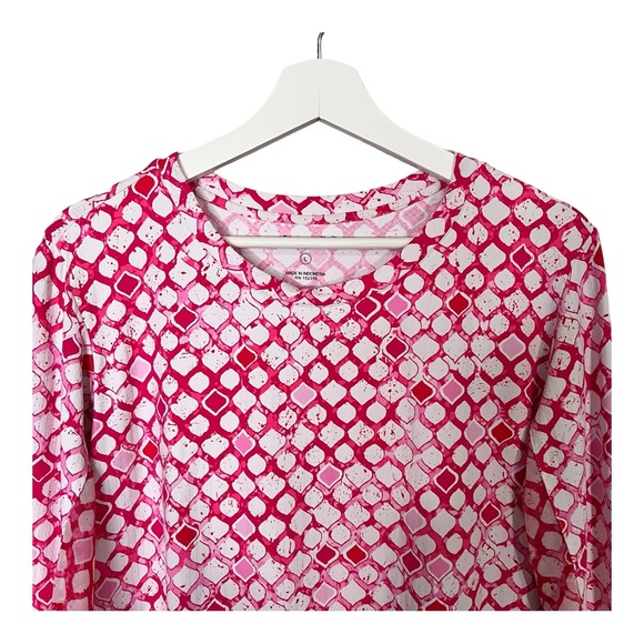 Ibkül Pink White Geo Print Long Mesh Sleeve 1/4 Popover Shift Active Dress Sz L - Picture 2 of 13